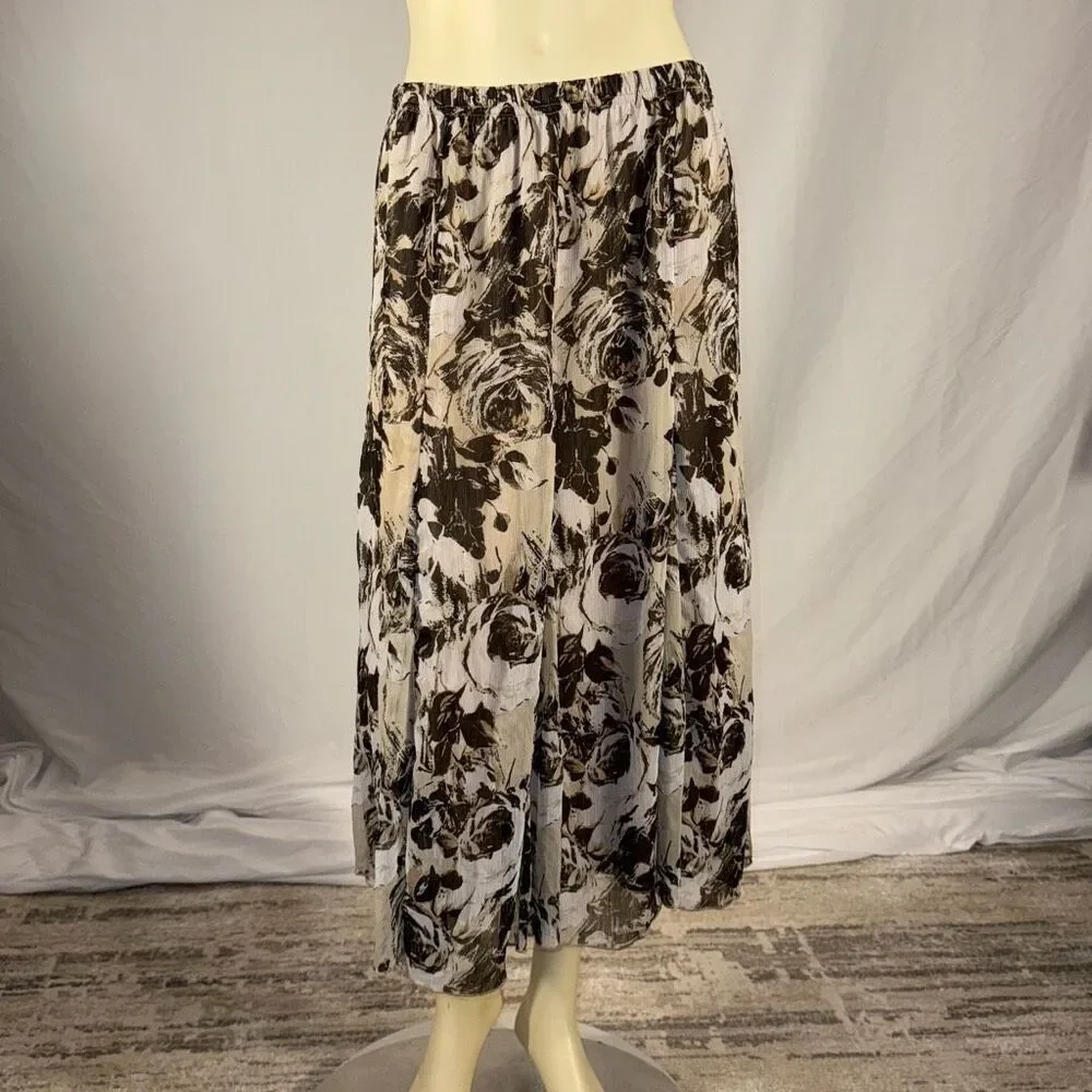 Cottagecore Whimsigoth Black and Tan Floral Rose Chiffon Midi Skirt Size 14‎